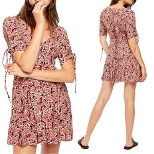 Free People Laced Up Corset Mid Sleeve Floral Mini Dress in Black Combo Size XS